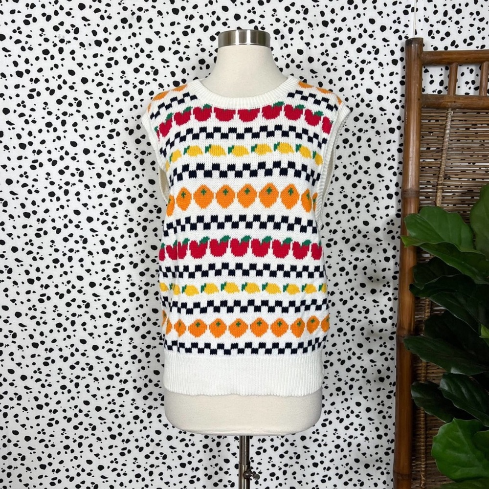 Vintage | Allen Solly Checkered Fruit Cotton Retro 90s White Knit Sweater Vest L